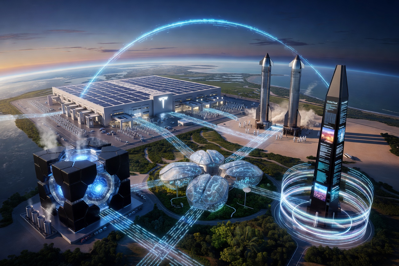 Futuristic composite visualization of Tesla, SpaceX, xAI and Neuralink headquarters interconnected by data streams and light