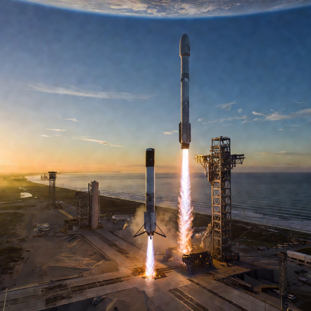 Starship rocket launching from Starbase facility at dawn with Earth curvature visible in background and reusable booster returning