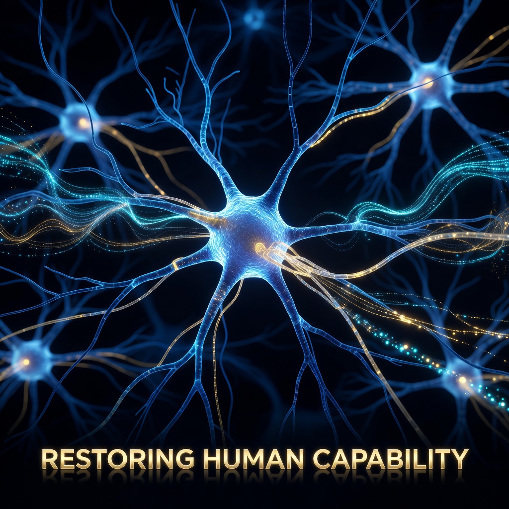 Microscopic visualization of brain-computer interface neural threads interfacing with human neurons glowing with bioelectric signals