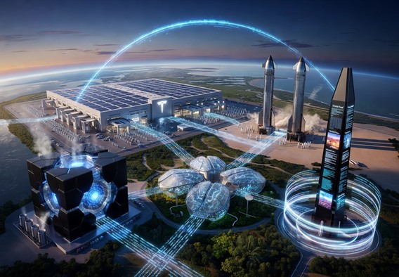 A dramatic bird's-eye composite visualization showing five futuristic corporate campuses connected by luminous data streams and orbital arcs against a twilight Earth backdrop, representing Tesla's gigafactory, SpaceX's Starbase, an AI supercomputer facility, a neural research lab, and a digital media tower, rendered in a photorealistic cinematic style with deep blues and electric whites, symbolizing interconnected technological ambition