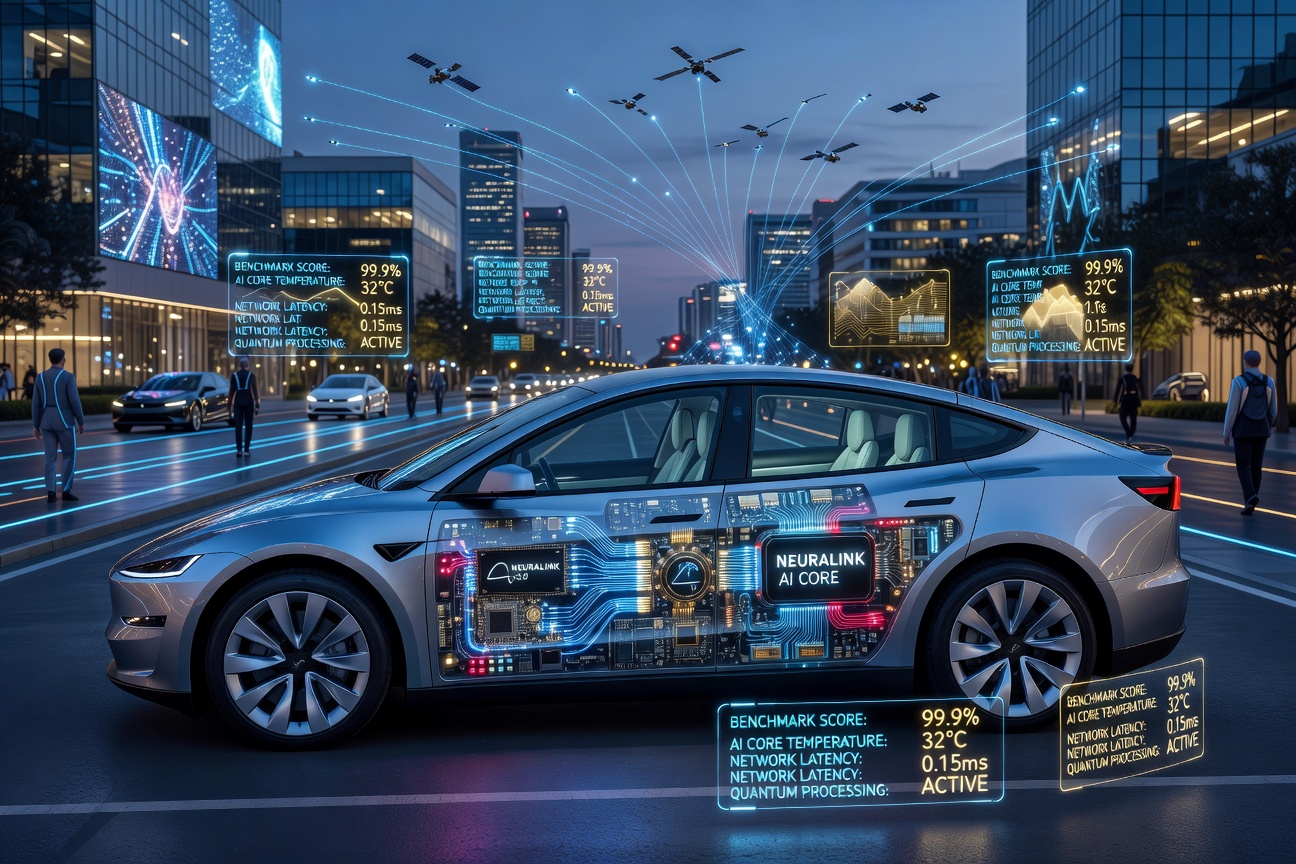 A sleek Tesla Cybercab surrounded by data overlays and benchmark charts on a futuristic city street