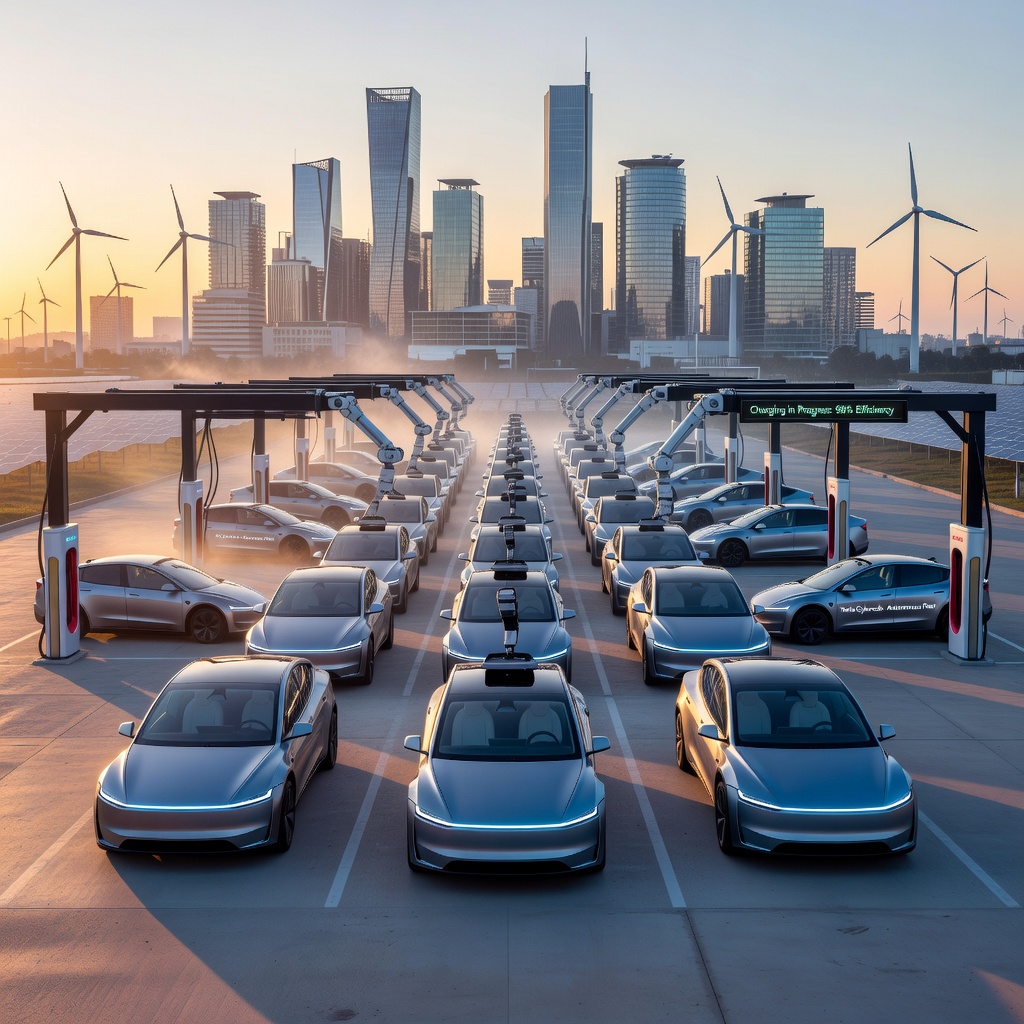 Futuristic Tesla Cybercab fleet charging at a solar-powered depot with autonomous vehicles queued for deployment across a glowing city skyline