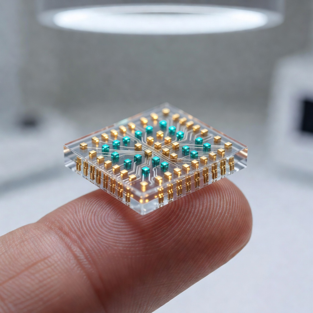 Close-up of a transparent neural chip with microscopic electrode array glowing against a dark background