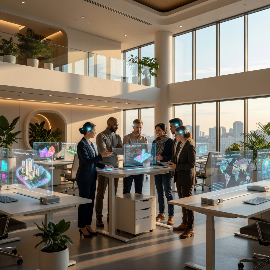 A diverse group of future humans in a bright collaborative workspace with subtle neural interface indicators glowing at their temples