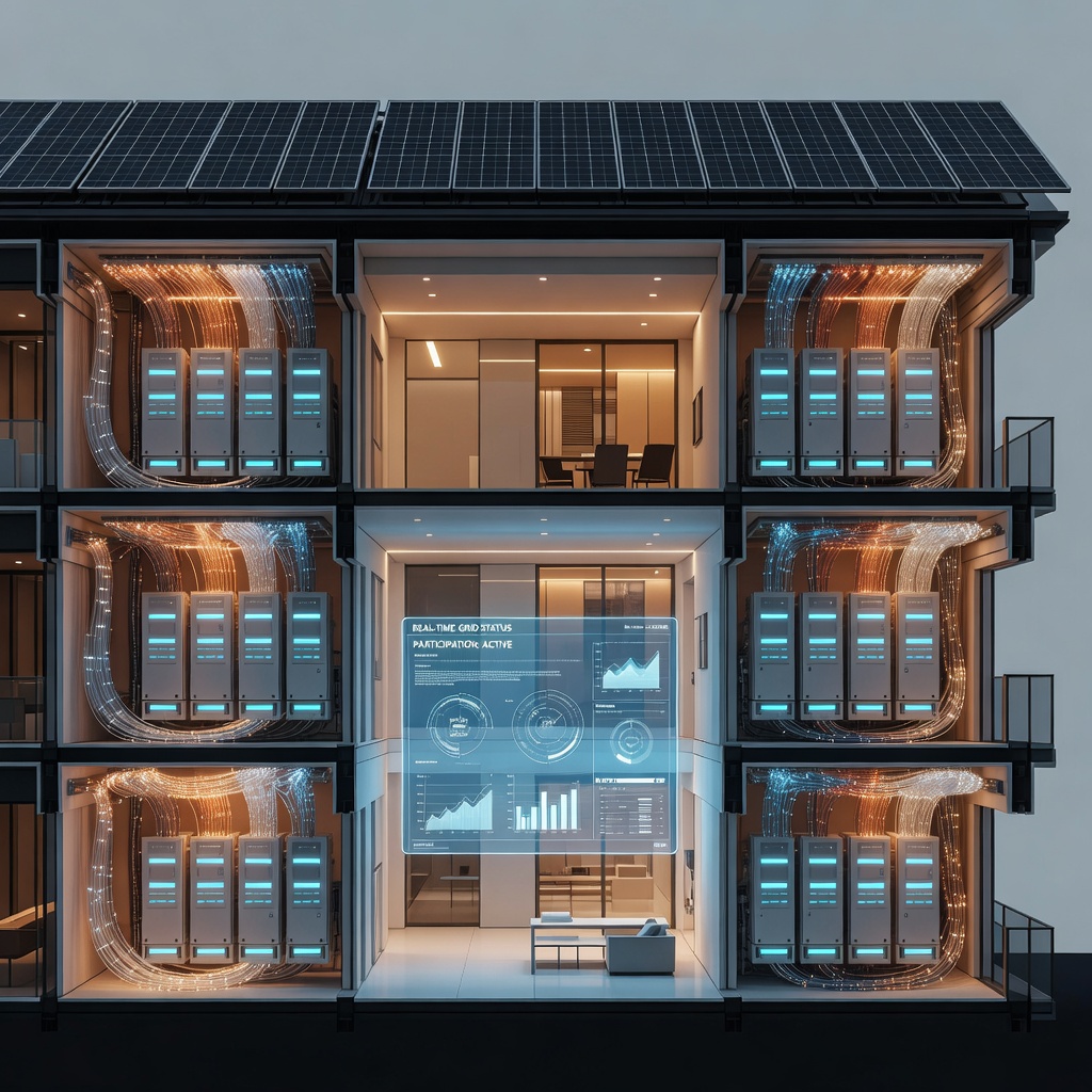 Cross-section illustration of a smart building with rooftop solar panels, wall-mounted battery units, and glowing data pathways connecting to a city grid