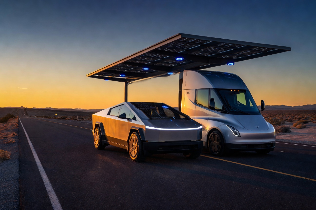 A gleaming Tesla Cybertruck and Tesla Semi parked side by side on an open highway at dawn, surrounded by glowing solar infrastructure and smart charging stations