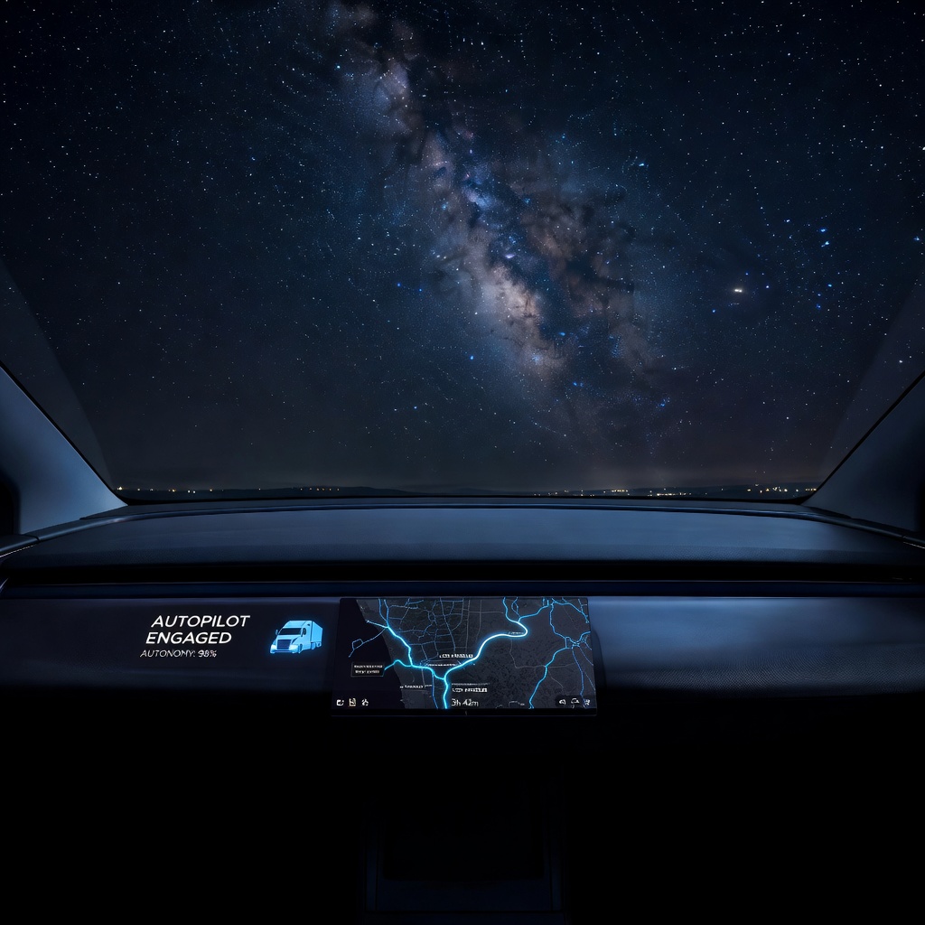 Close-up of a Tesla Semi's interior cab showing a minimalist digital dashboard with autonomous driving readouts and route optimization data glowing on wide screens