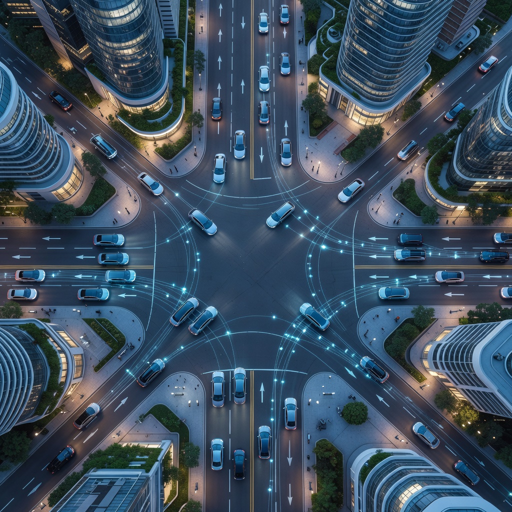 Futuristic bird's-eye view of a smart city intersection with multiple self-driving electric vehicles navigating seamlessly, soft blue and white lighting, no traffic congestion
