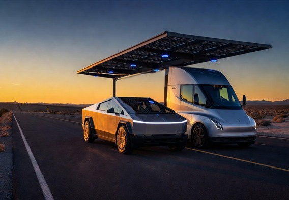 A cinematic wide-angle photograph of a Tesla Cybertruck and a Tesla Semi parked side by side on an open American highway at golden-hour dawn, surrounded by sleek solar-powered charging canopies with glowing blue energy indicators, mountains in the background, hyper-realistic photographic quality, optimistic futuristic atmosphere, no people, clean environment