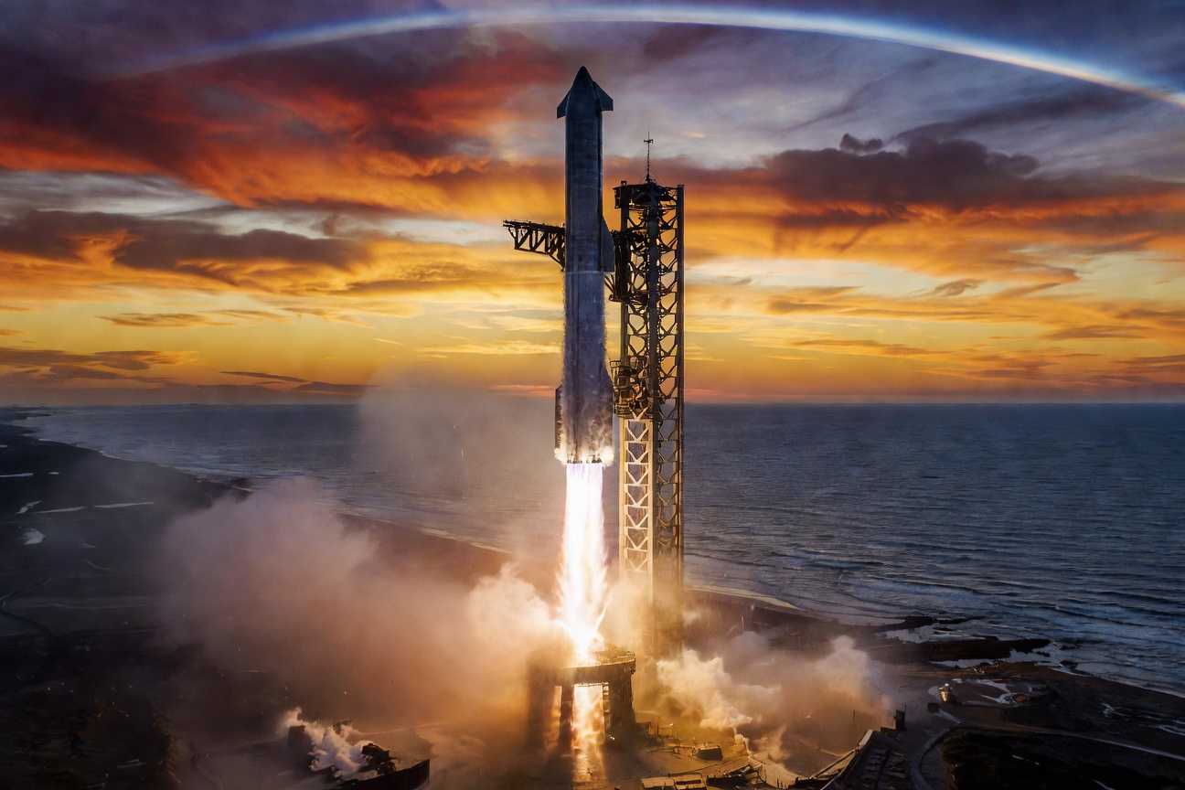 Starship rocket launching against a vast starfield with Earth's curvature visible below