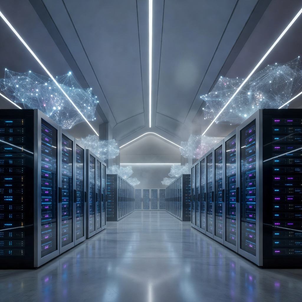 Futuristic data center glowing with neural network visualizations representing advanced AI computation