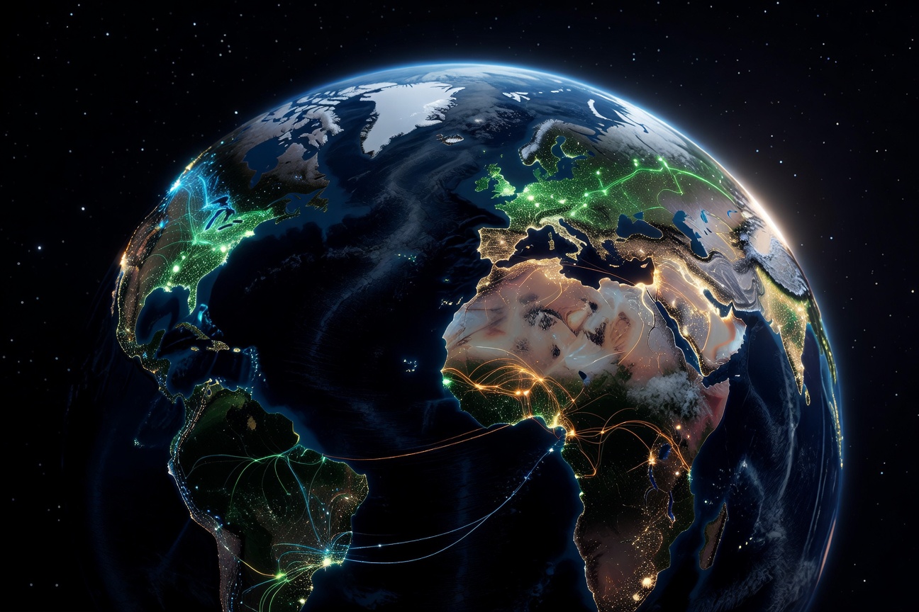 A split-screen globe visualization showing BCI technology adoption across different world regions