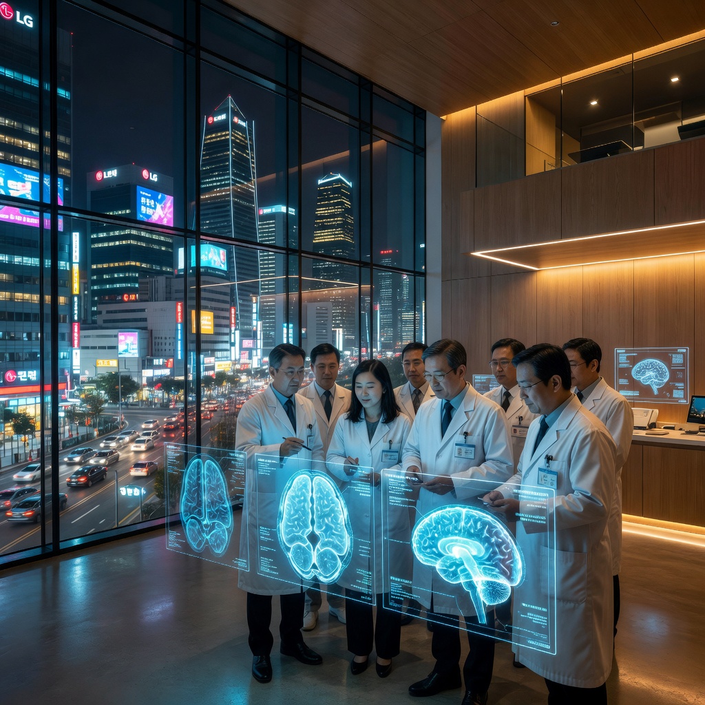 Researchers in a futuristic neural engineering lab in Asia working on brain interface prototypes