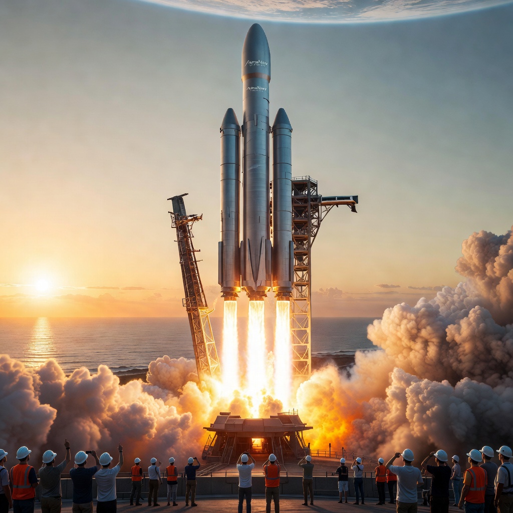 Starship rocket launching into a vivid sunrise sky above a futuristic launch facility
