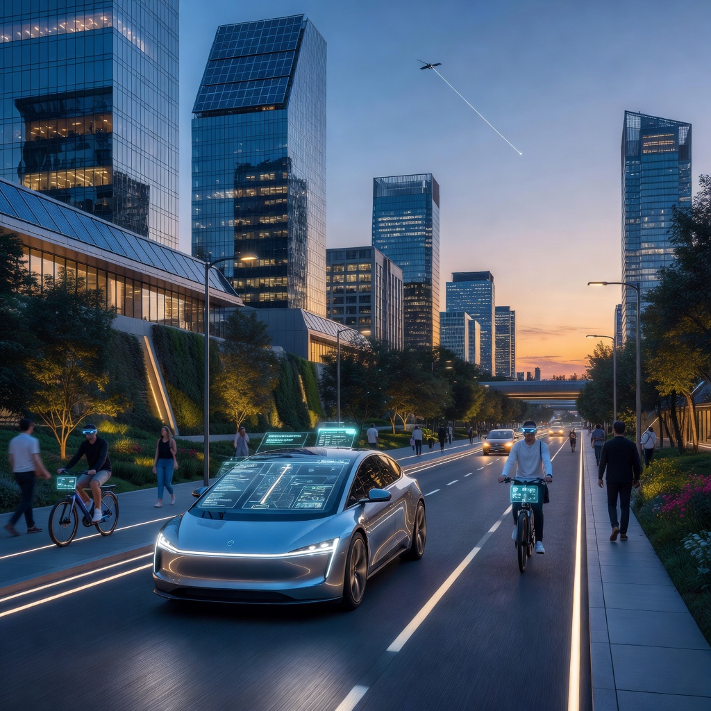 A sleek autonomous Tesla robotaxi navigating a futuristic smart city at twilight