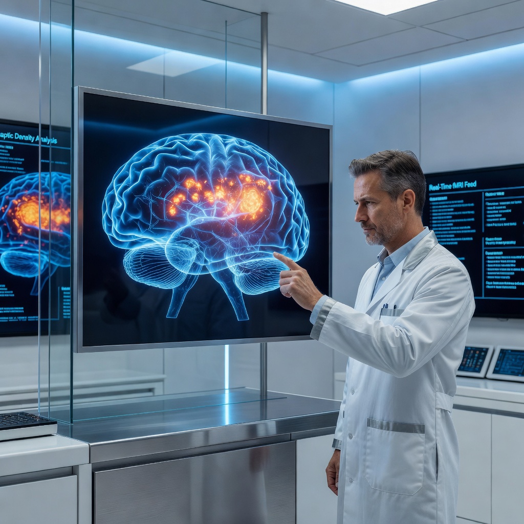 Scientist examining high-resolution brain scan data on holographic display in advanced neuroscience laboratory