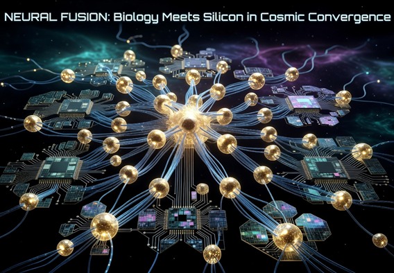 Photorealistic visualization of a glowing three-dimensional neural network seamlessly merging with luminous digital circuit pathways, neurons rendered as golden nodes connected by electric-blue synaptic threads that transition organically into geometric silicon microchip patterns, deep space black background with subtle bioluminescent gradients, cinematic lighting, ultra-high detail, 8K resolution, science magazine cover quality