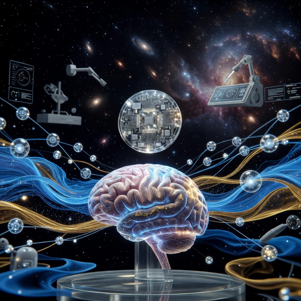 Glowing neural interface chip connecting a human brain to a luminous digital network of data streams in a high-tech medical environment