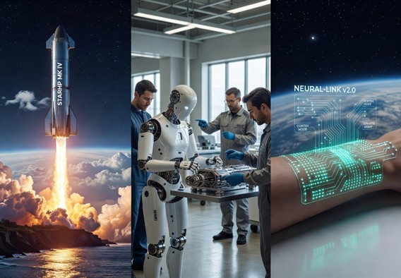 A sweeping futuristic composite scene showing a fully reusable silver rocket launching from a coastal facility, a sleek humanoid robot working alongside humans in a bright factory, and a glowing neural interface diagram, all unified under a starfield sky with Earth visible in the background, photorealistic, cinematic lighting, sense of optimism and technological momentum