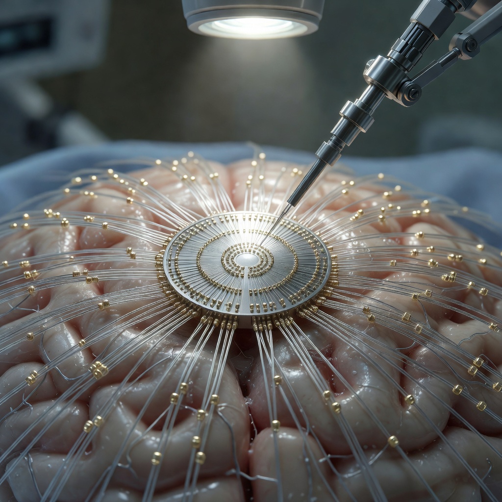 Scientist examining glowing neural electrode array under laboratory conditions with advanced brain scan data