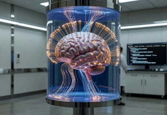 Photorealistic digital art of a glowing human brain suspended in deep blue light with thousands of hair-thin gold electrode threads threading through its cortex, data streams and neural firing patterns visualized as luminous orange and white particles flowing along each thread, clinical laboratory environment subtly visible in background, highly detailed, cinematic lighting, futuristic medical aesthetic