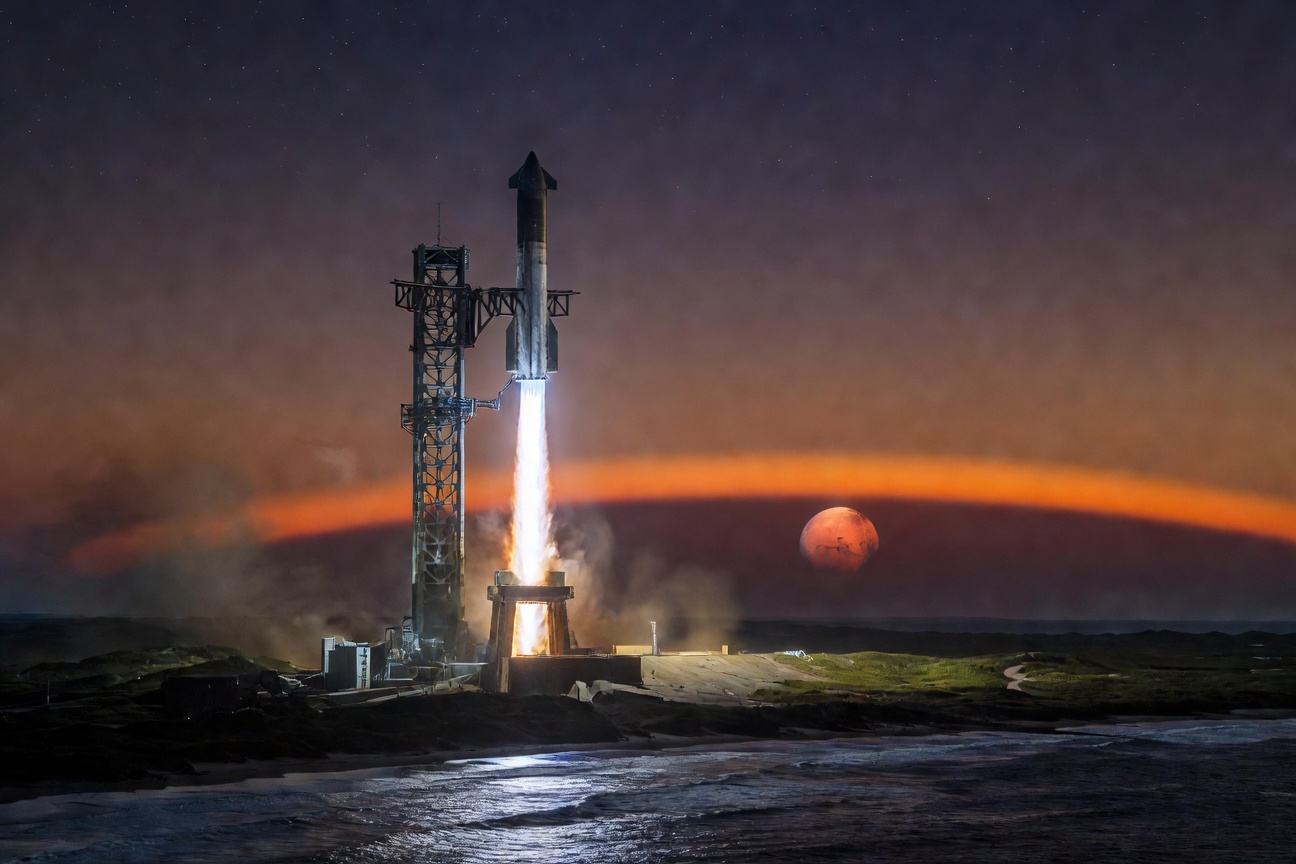 Starship rocket launching from Earth toward a glowing Mars on the horizon, symbolizing humanity's multi-planetary future