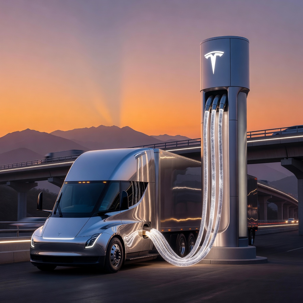 Tesla Semi electric truck charging at a futuristic Megacharger station at night with glowing infrastructure