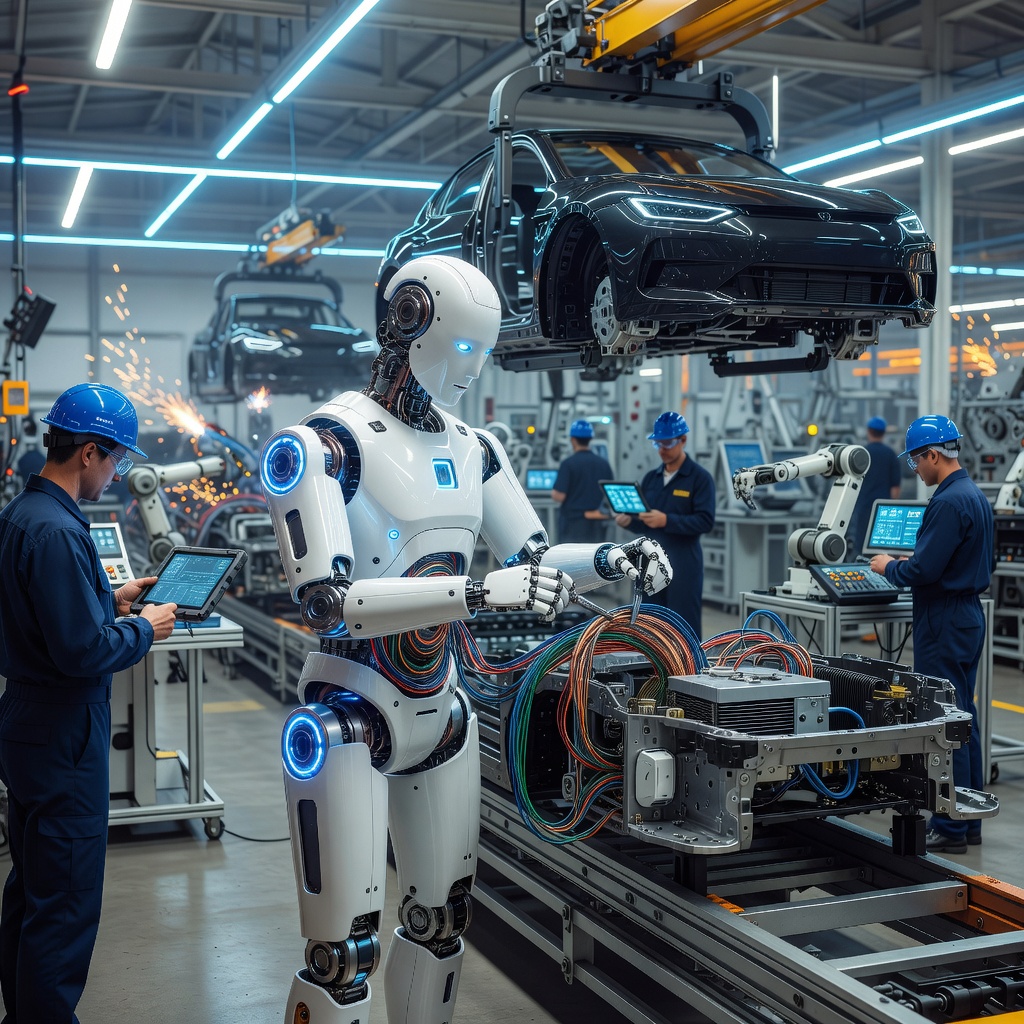 Advanced humanoid robot assisting in a futuristic electric vehicle assembly line with glowing blue ambient lighting