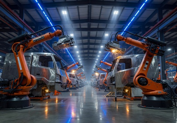 Hyper-realistic wide-angle interior view of a colossal futuristic electric vehicle Gigafactory at night, rows of massive orange and white robotic arms assembling angular stainless steel truck bodies under dramatic industrial blue and amber overhead lighting, sparks flying from welding stations, a vast cathedral of automation with polished concrete floors reflecting the lights, cinematic depth of field, photorealistic