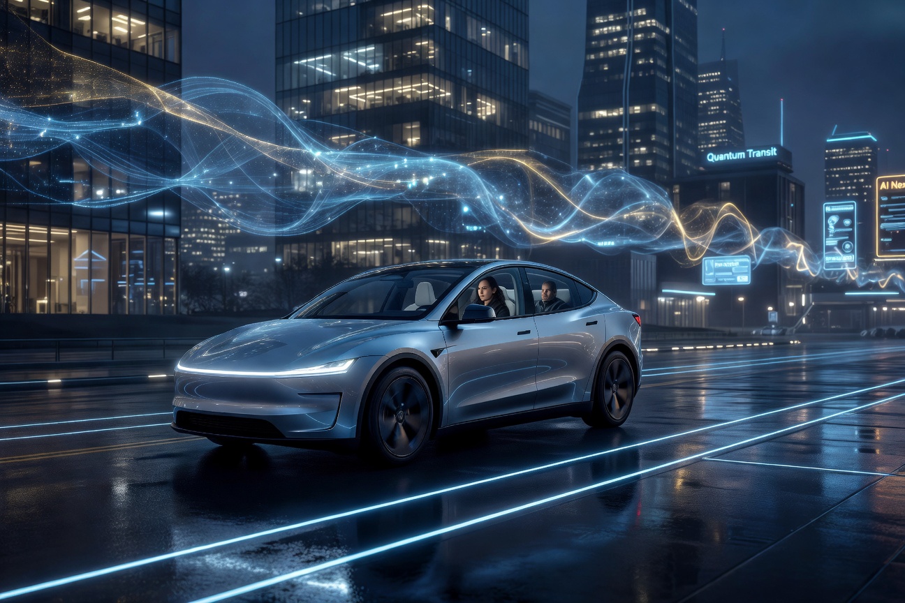 Futuristic Tesla Cybercab autonomous vehicle navigating a glowing smart city at night with neural network overlays visualized above the road