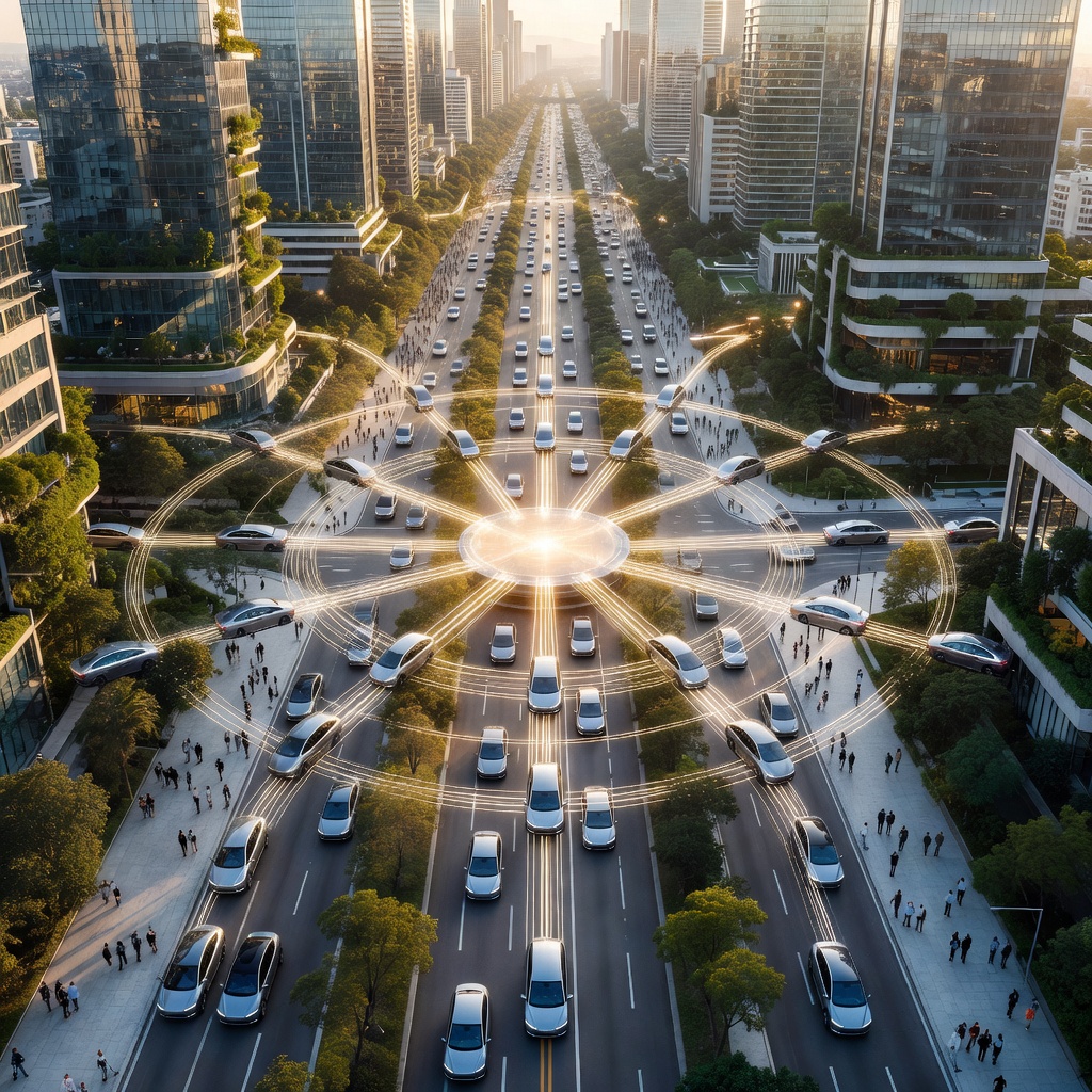 Wide aerial view of a futuristic smart city with multiple Tesla Cybercab autonomous vehicles moving in coordinated patterns through illuminated streets, with data flow lines connecting them to a central AI hub