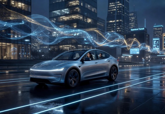 A sleek, two-door Tesla Cybercab autonomous vehicle gliding silently through a futuristic smart city at night, streets illuminated by embedded LED guides, holographic neural network pathways visualized above the road in translucent blue and gold lines, rain-slicked pavement reflecting city lights, ultra-photorealistic, cinematic wide shot, no human driver visible inside, passengers visible through large panoramic windows, sense of quiet technological wonder