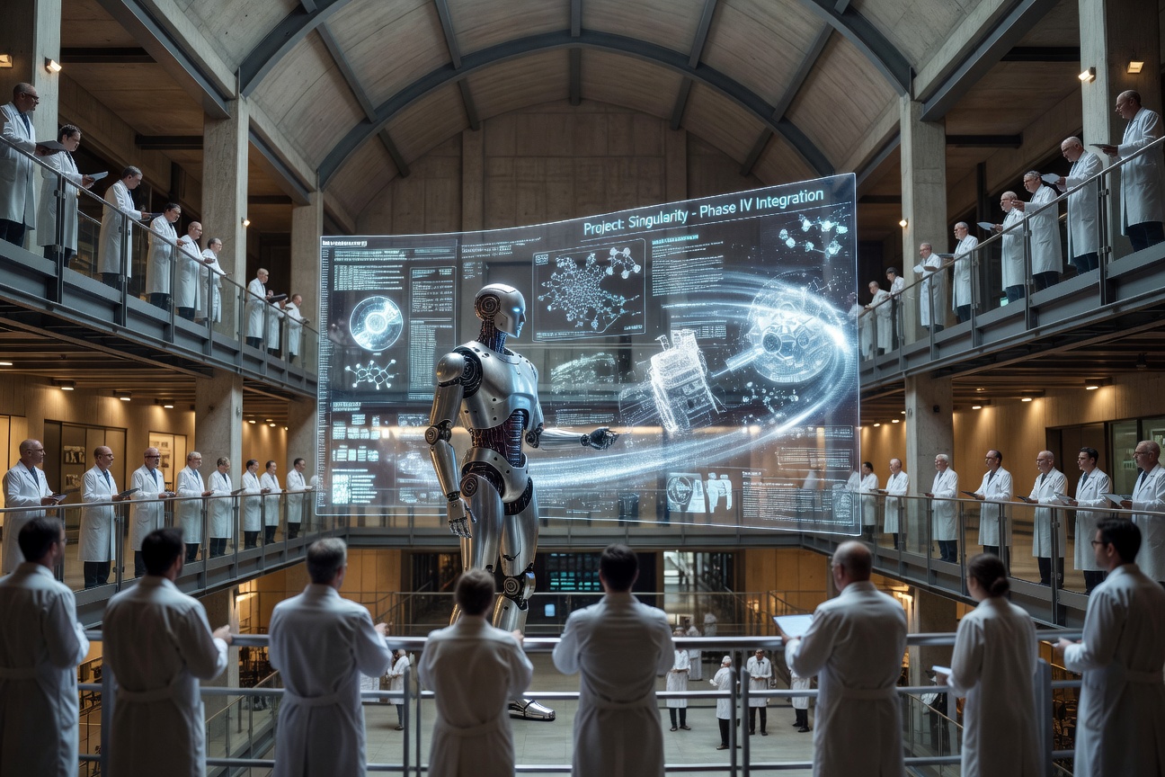 A humanoid robot standing in a vast, luminous research facility surrounded by holographic data projections and scientists observing its movements