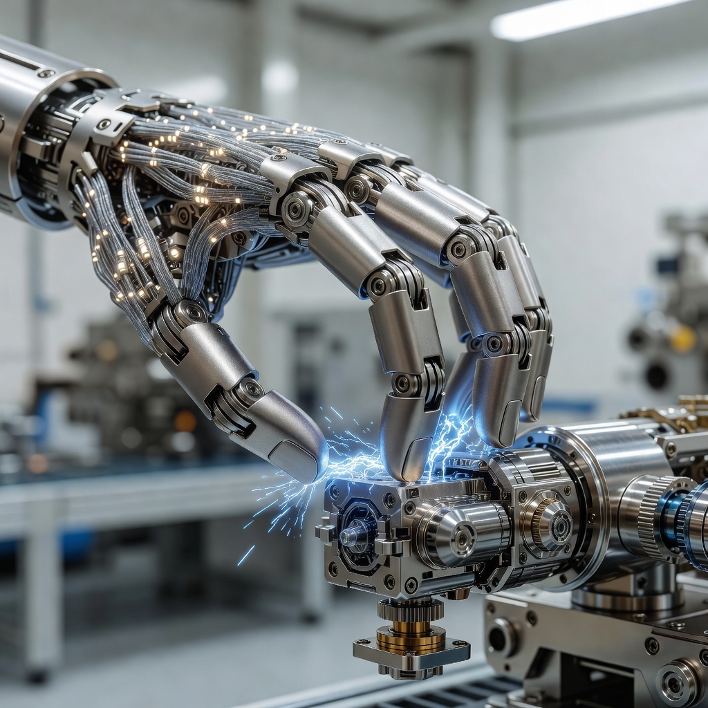 Close-up of a humanoid robot's articulated hand grasping a complex mechanical component with precision in a bright industrial environment