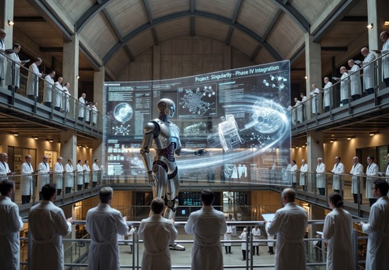 A sleek, silver humanoid robot standing upright in a vast, cathedral-like research facility filled with holographic data projections in blue and white light, multiple scientists in lab coats observing on multiple levels, photorealistic, cinematic lighting, wide-angle perspective, ultra-high detail, conveying the scale of human ambition and technological possibility