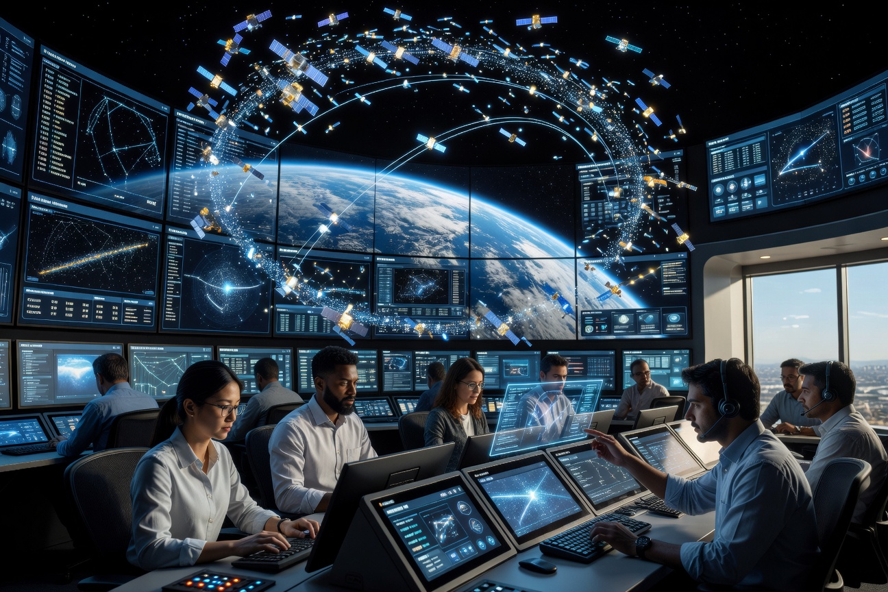 Engineers monitoring a global satellite constellation deployment from a mission control center filled with screens showing orbital paths