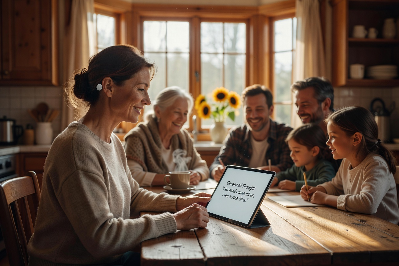A woman with a neural implant device sits at a kitchen table with her family, smiling as text appears on a screen beside her