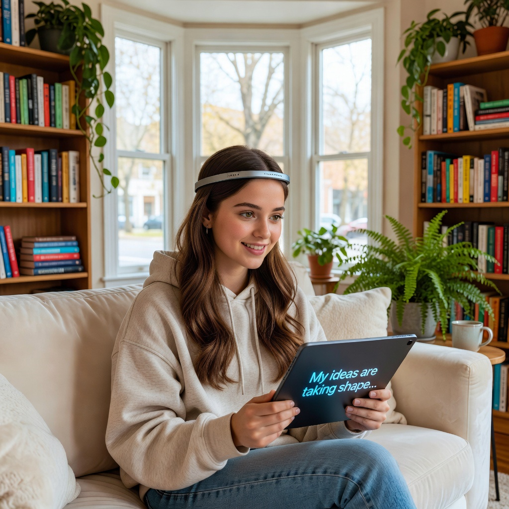 A young person using a sleek non-invasive brain-computer interface headband communicates via a tablet screen in a bright, modern living space