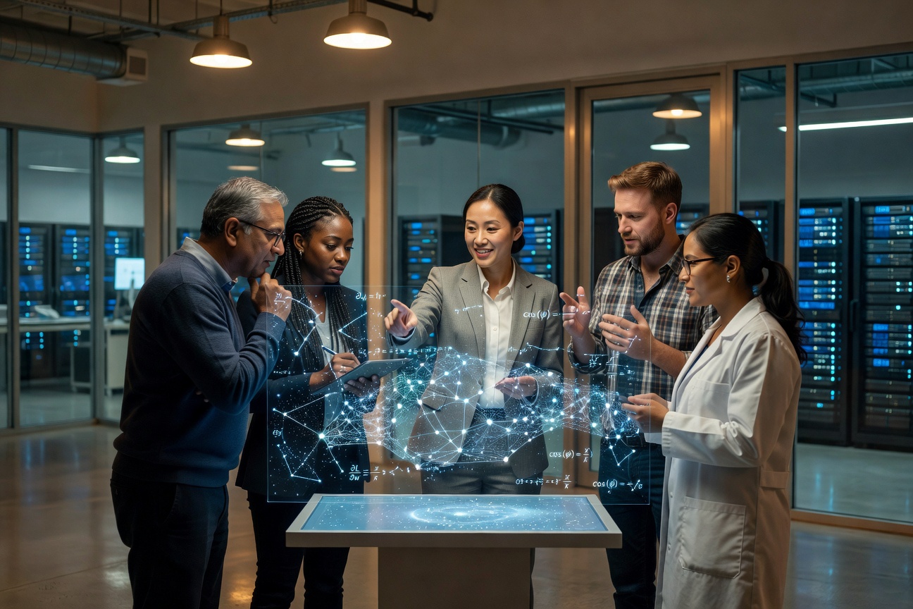 A diverse team of scientists and engineers collaborating in a futuristic AI research lab filled with holographic data displays and quantum computing hardware