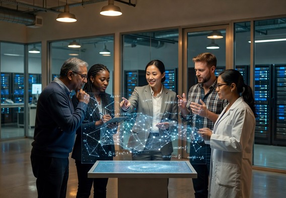 A wide-angle photorealistic view of a cutting-edge AI research laboratory in the near future, with a diverse team of scientists and engineers gathered around a central holographic display showing a swirling neural network overlaid with star maps and mathematical equations, warm collaborative lighting, glass walls revealing server racks glowing blue in an adjacent room, cinematic depth of field, ultra-detailed, 8K resolution