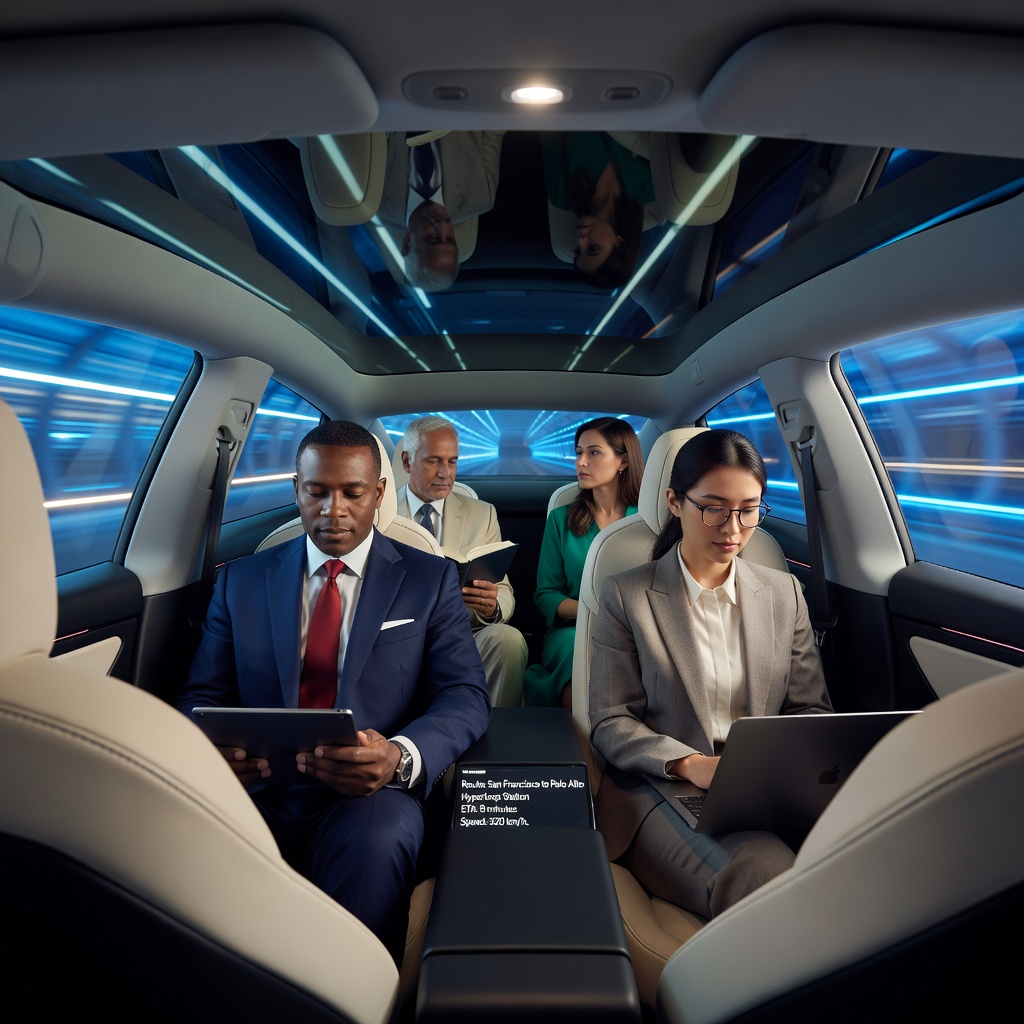 Tesla Model Y interior carrying passengers through an illuminated blue underground tunnel in Las Vegas