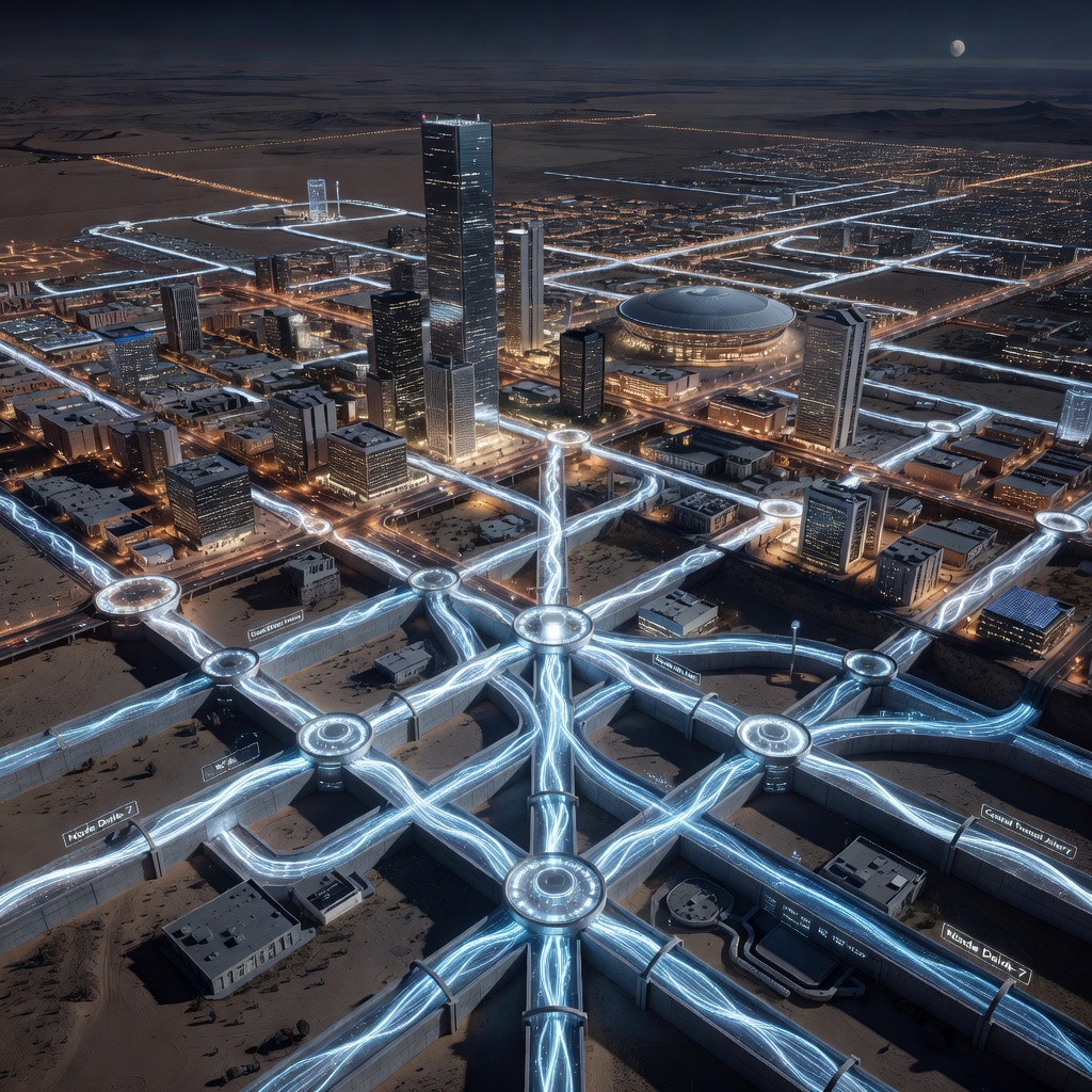 Aerial concept view of an expanded underground tunnel network beneath a dense futuristic American city with glowing station nodes