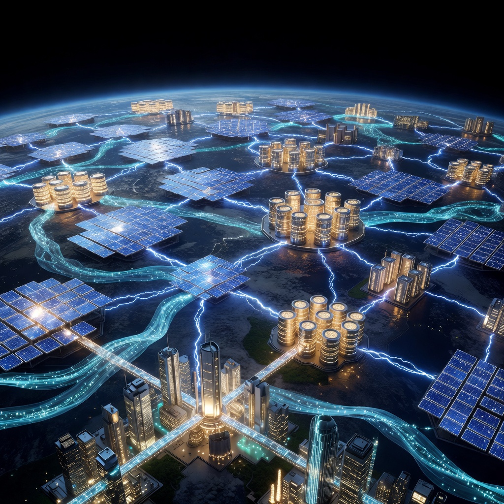 Futuristic visualization of a smart grid network connecting solar farms, battery storage facilities, and urban buildings in a glowing web of energy flows