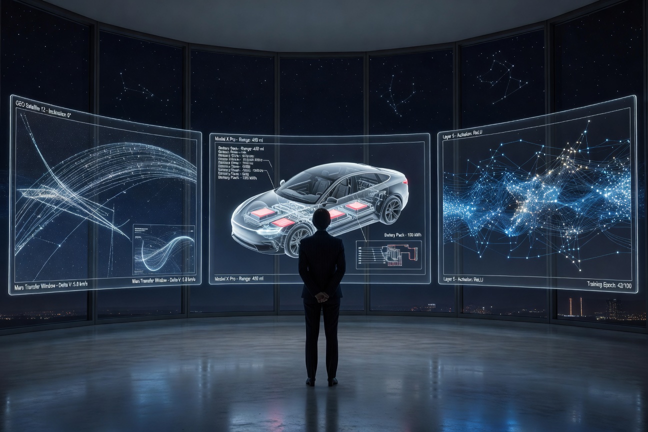 Elon Musk speaking at a futuristic technology summit with holographic displays