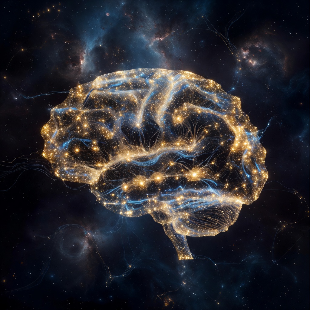 Futuristic AI neural network visualization glowing in deep blue and gold tones