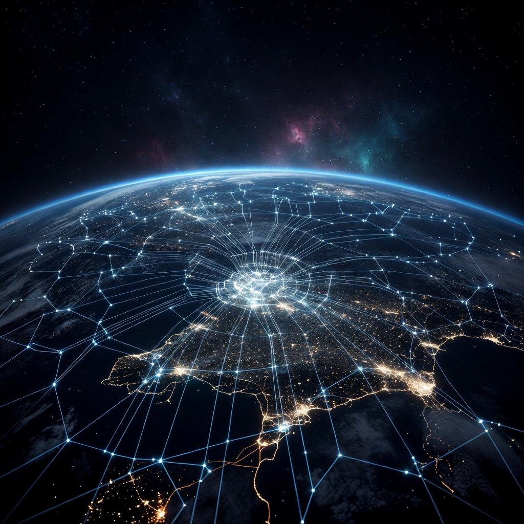 Dense constellation of Starlink satellites orbiting Earth, visualized as glowing nodes in a vast grid over a city at night