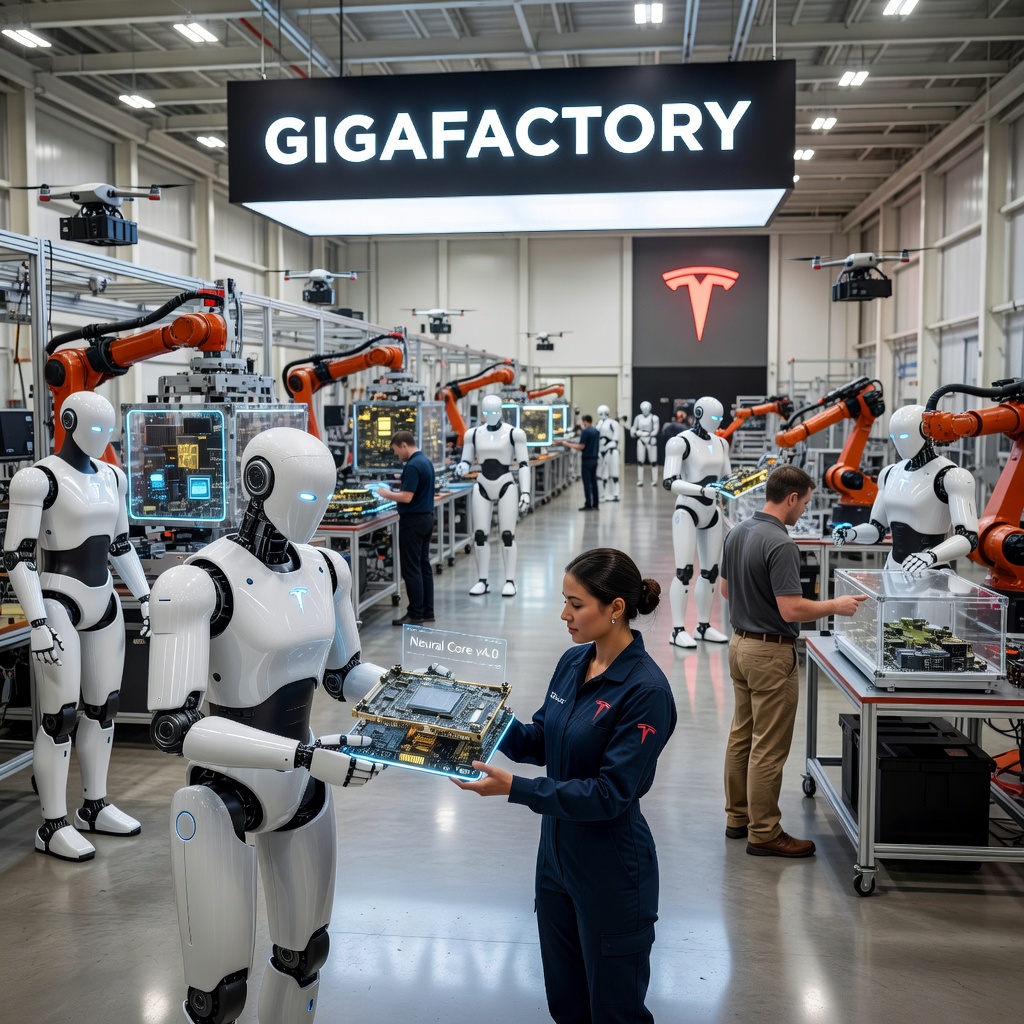 Tesla Optimus humanoid robot working alongside humans in a futuristic manufacturing facility