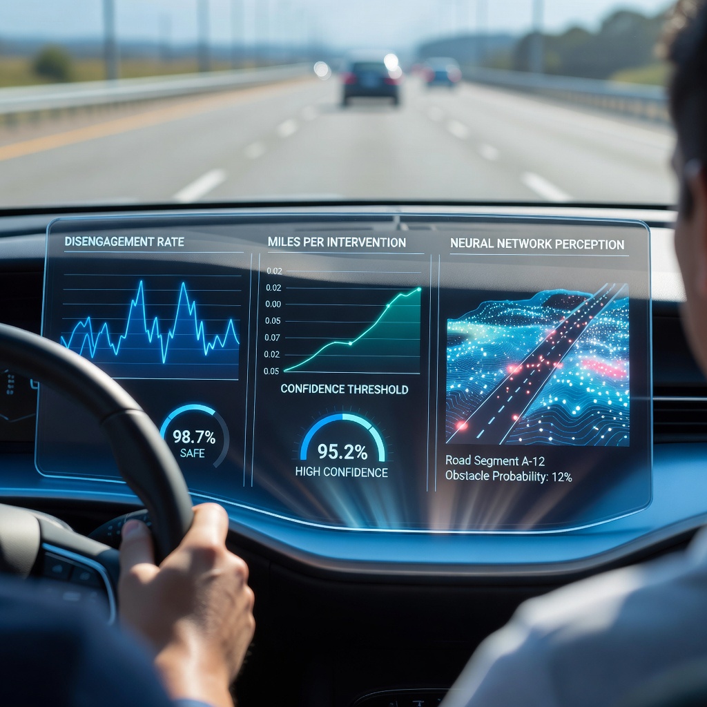 Digital dashboard display showing autonomous driving performance metrics, disengagement rates, and neural network confidence scores in real time