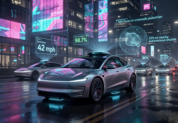 A hyper-realistic render of a sleek, steering-wheel-free Tesla Cybercab gliding through a futuristic smart city at night, surrounded by glowing sensor halos and augmented reality data overlays showing speed, route confidence scores, and neural network attention maps projected holographically around the vehicle, neon-lit urban environment with other autonomous vehicles in background, cinematic lighting, photorealistic quality