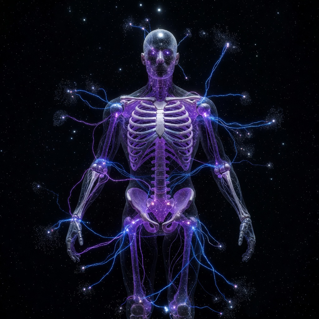 Futuristic visualization of humanoid robot neural network balance model with glowing pathways showing real-time proprioceptive feedback loops